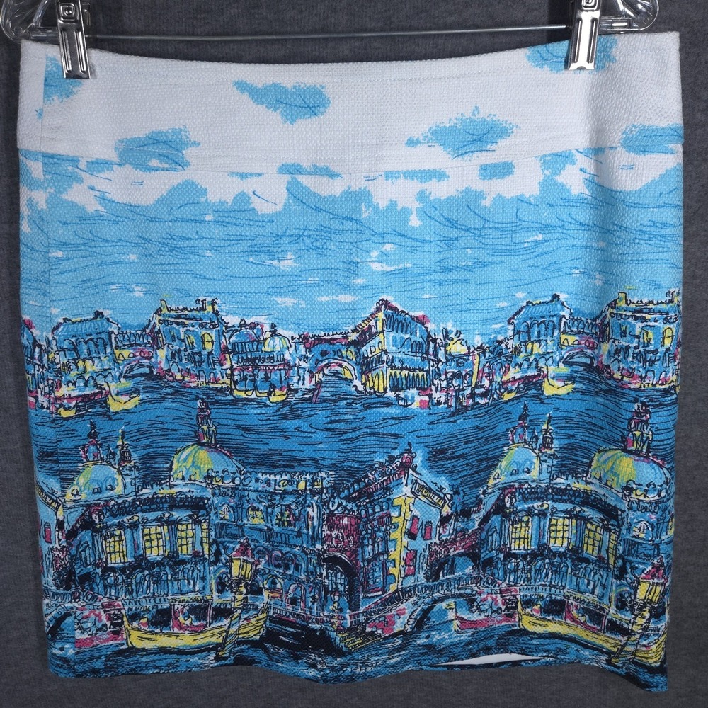 NWT Talbots Venice Print Pencil Skirt Womens Size 10 Blue White Scenic Stretch